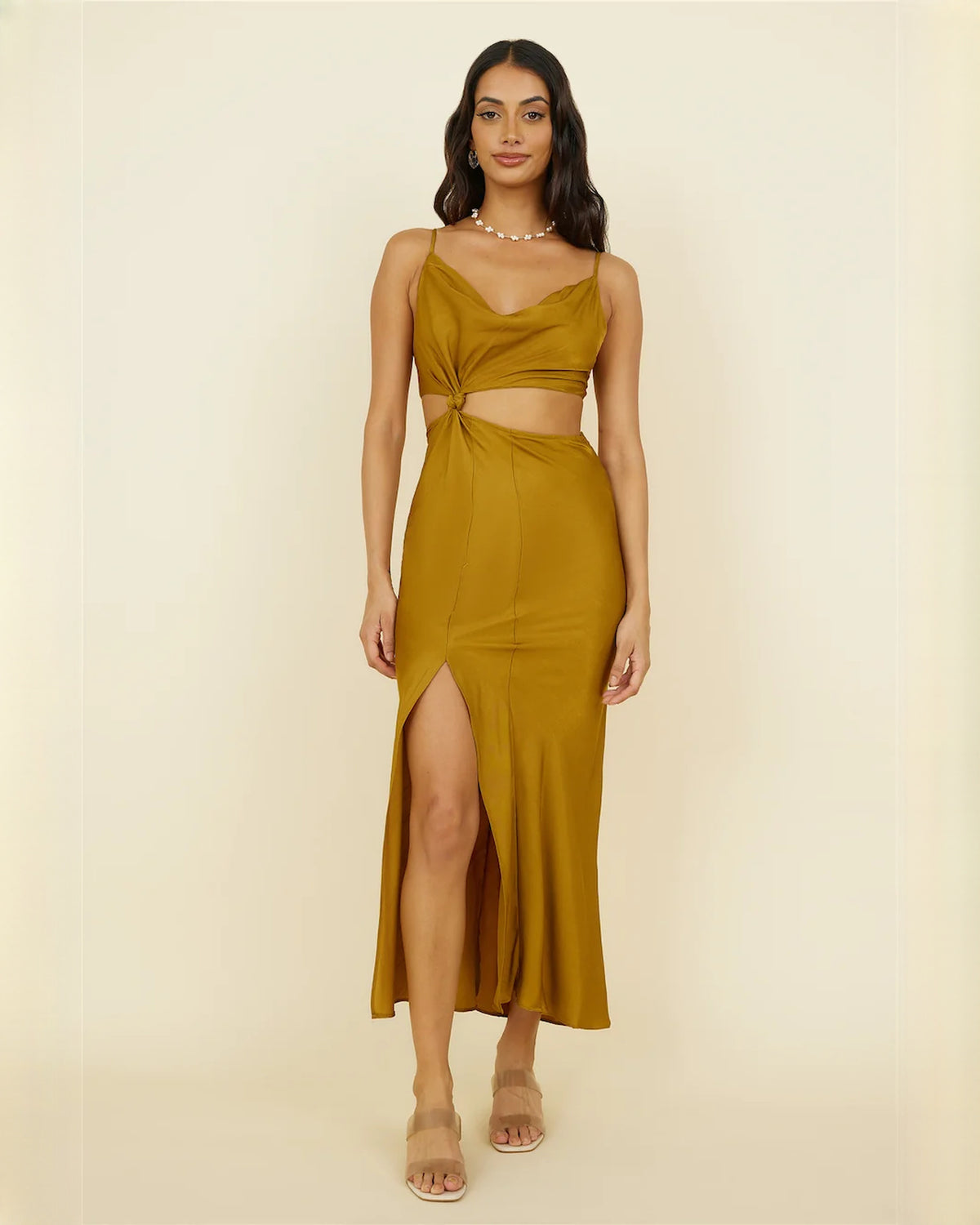 sleeveless satin a-line midi bridesmaid dress - image 3