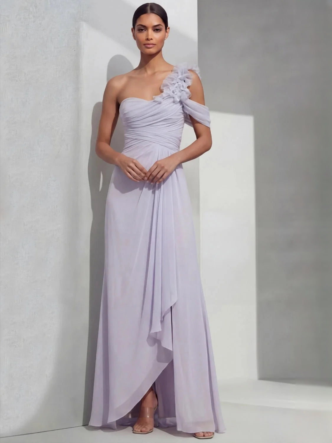 Lilac maxi bridesmaid dress, alternate view showing the dress shape and hem