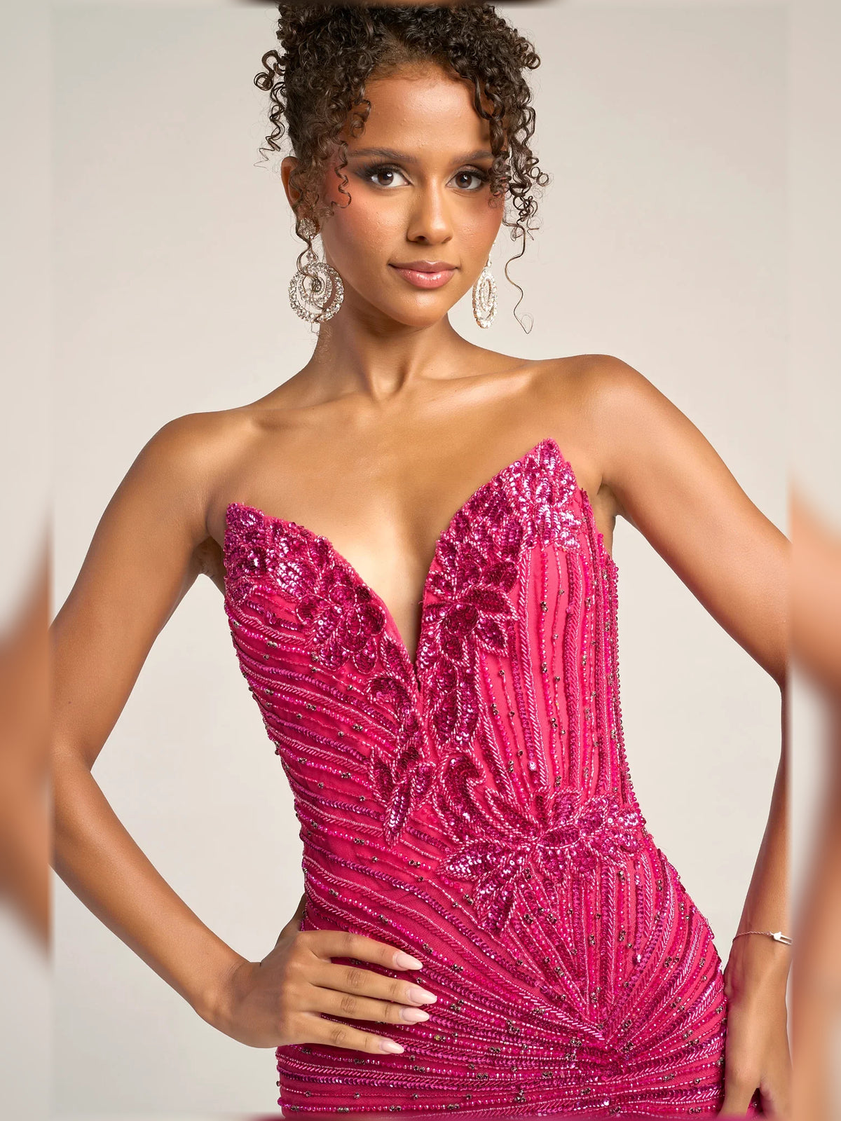 Hot Pink mermaid floor-length formal dress with beading, alternate view
