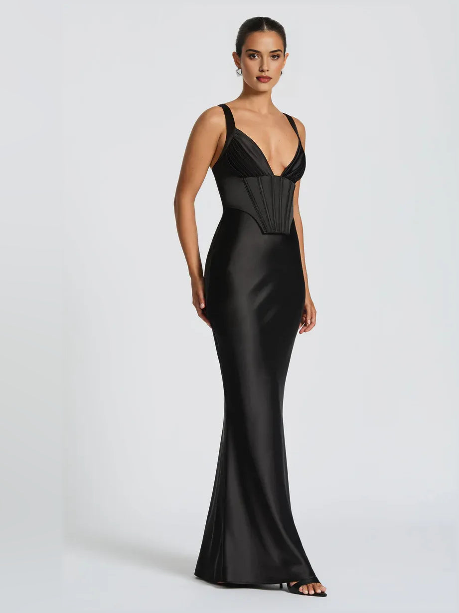 Black mermaid floor-length formal dress with draping, alternate view