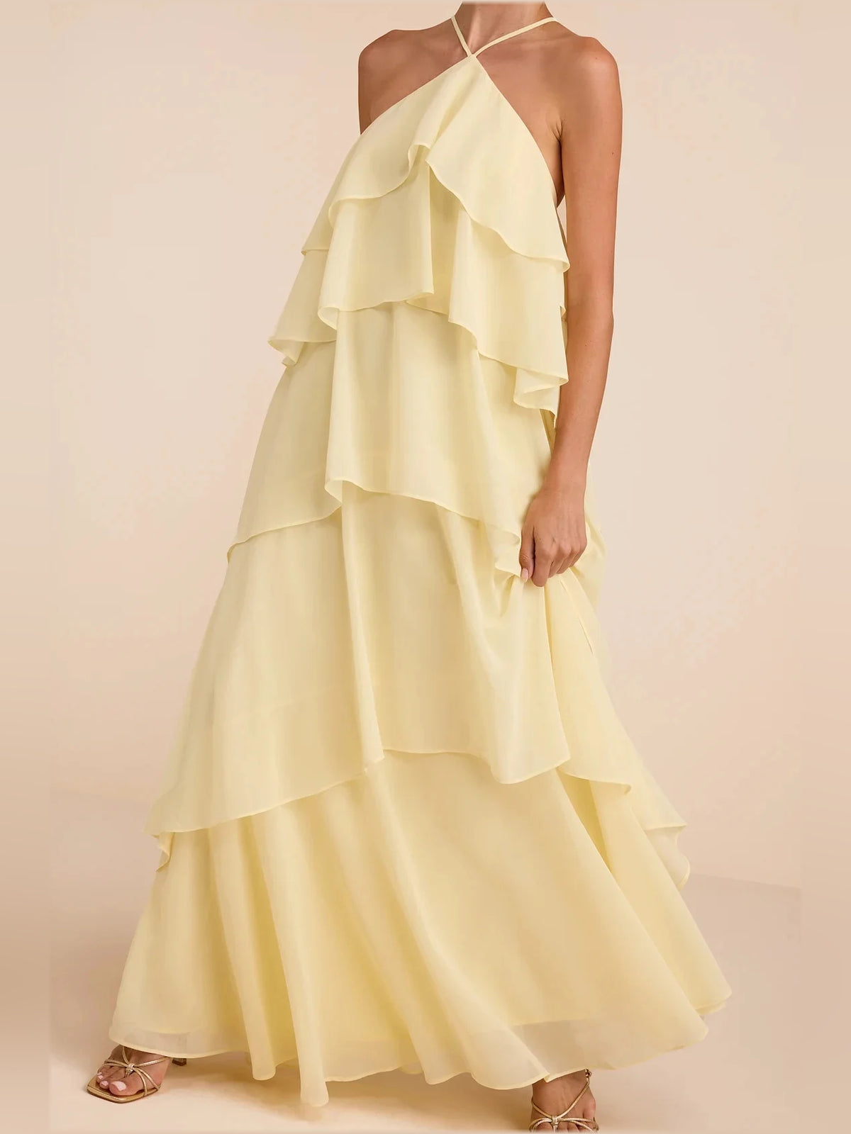 Pale Lemon maxi bridesmaid dress, alternate view showing the dress shape and hem