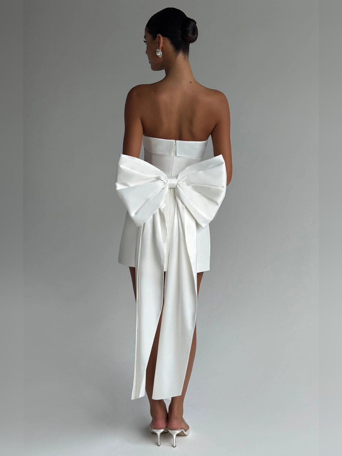 Ivory mini homecoming dress, alternate view showing the dress shape and hem