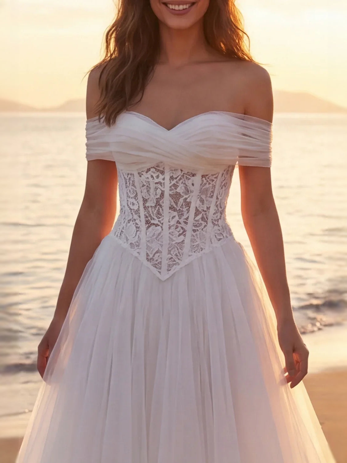 Ivory floor-length wedding dress, alternate view showing the dress shape and hem