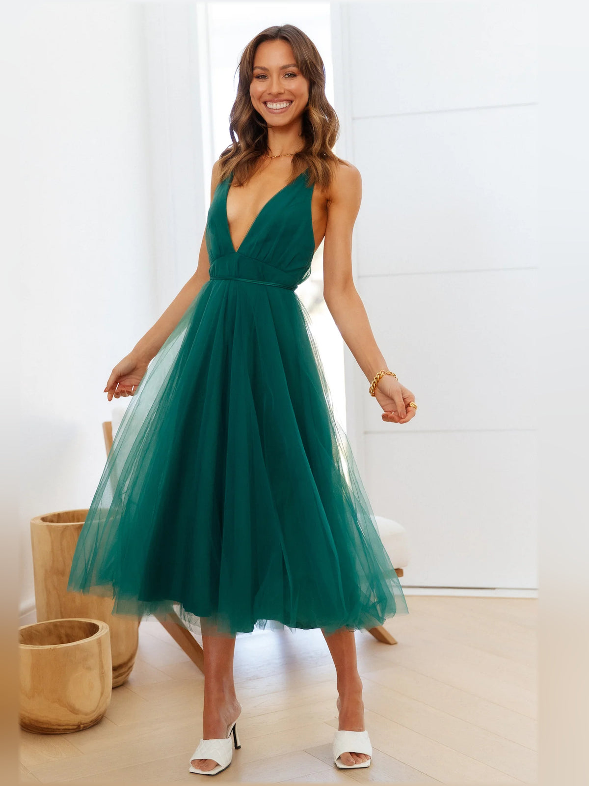 Forest Green midi formal dress, alternate view showing the bodice