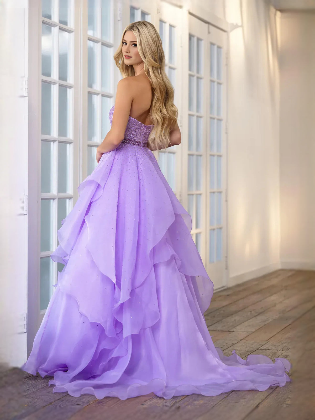 Lilac floor-length prom dress, alternate view showing the dress shape and hem