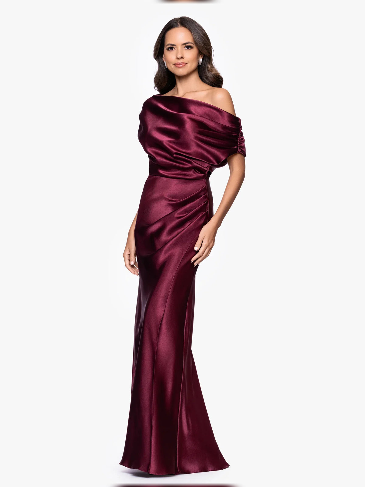 Burgundy floor-length mother of the bride dress, alternate view showing the dress shape and hem