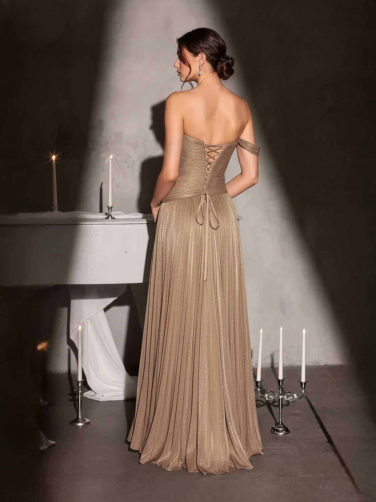 Khaki floor-length prom dress, alternate view showing the dress shape and hem