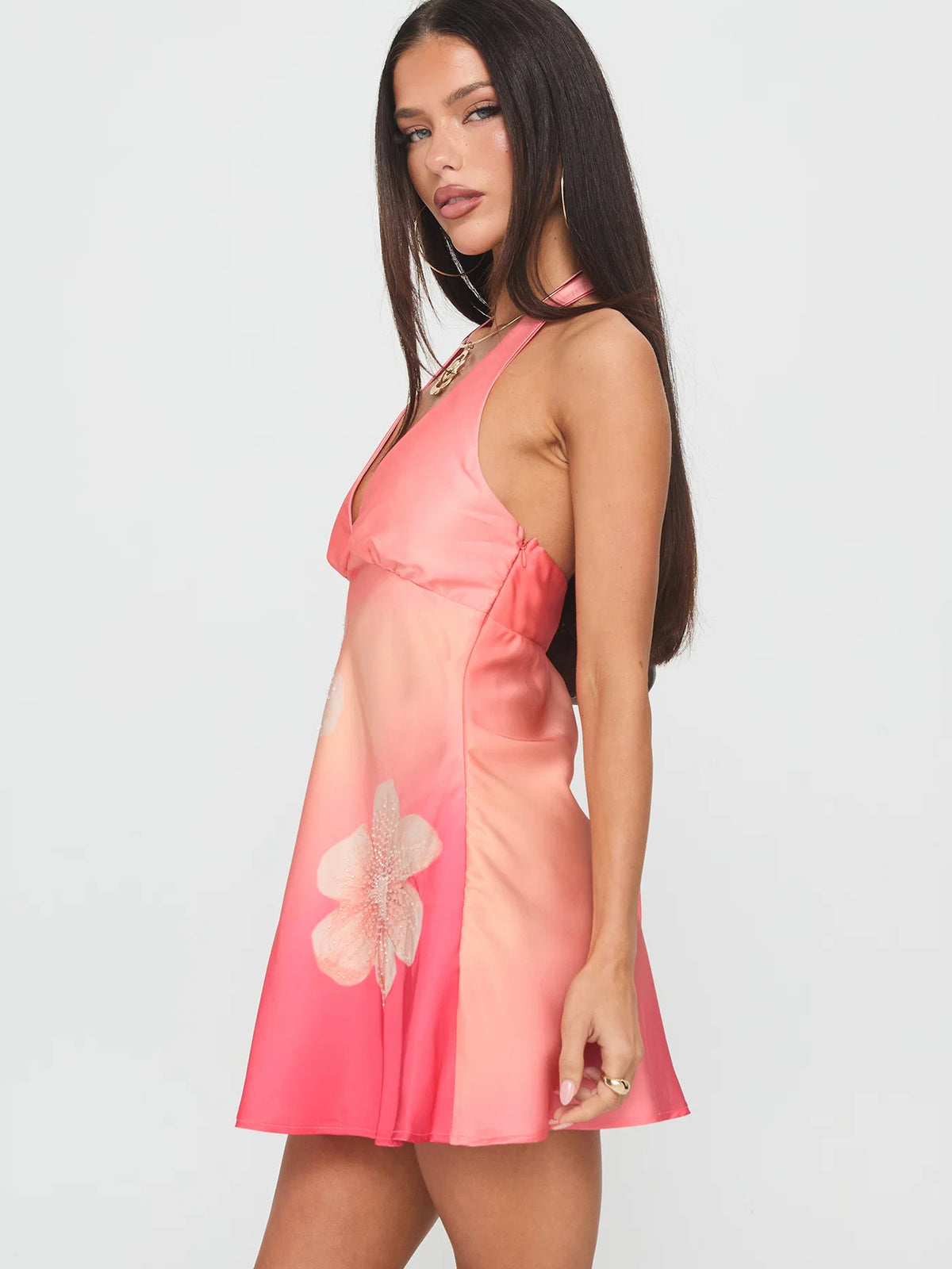 Multi mini homecoming dress, alternate view showing the dress shape and hem