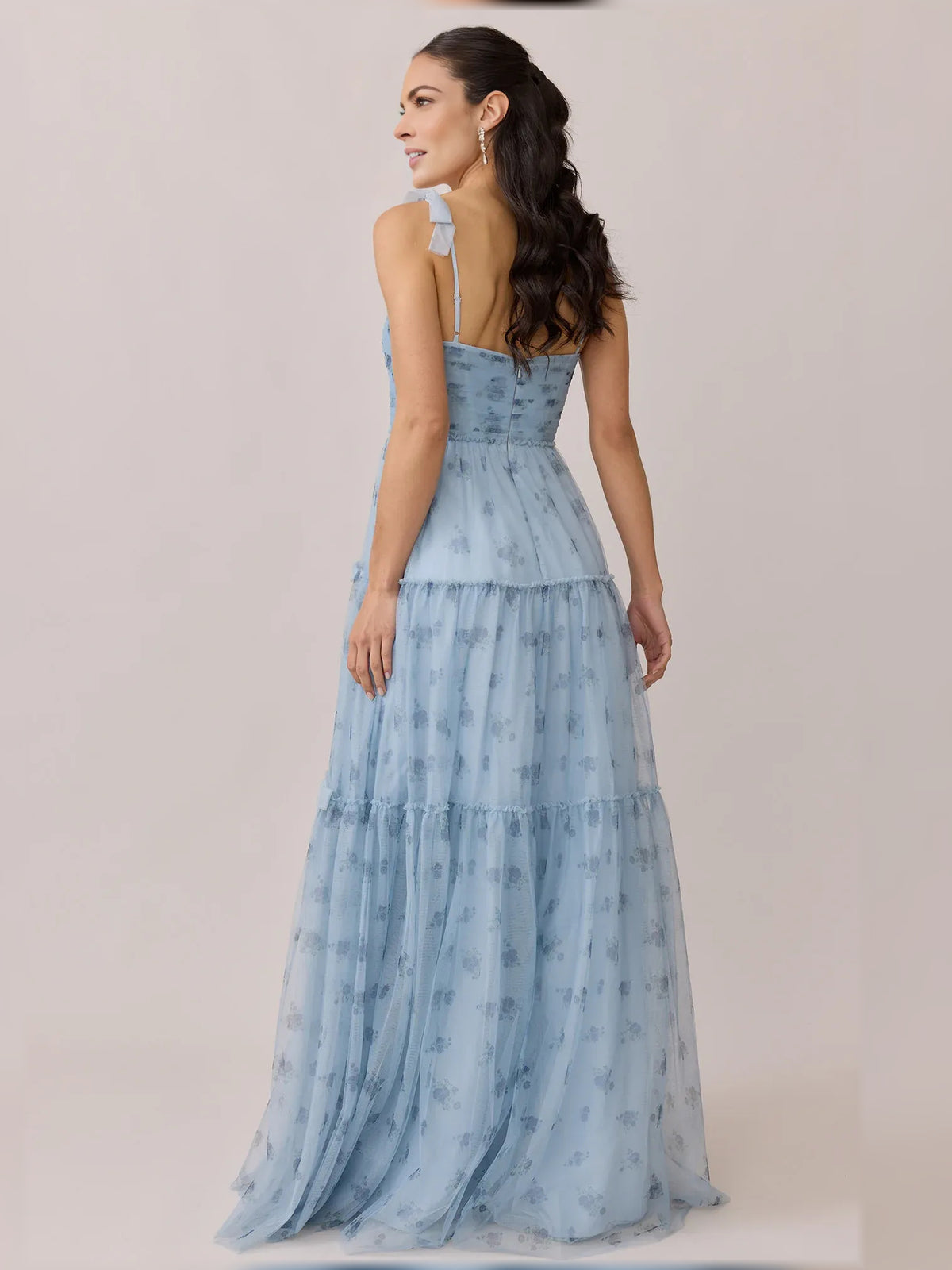 Sky Blue a-line floor-length formal dress with ruffle details, alternate view