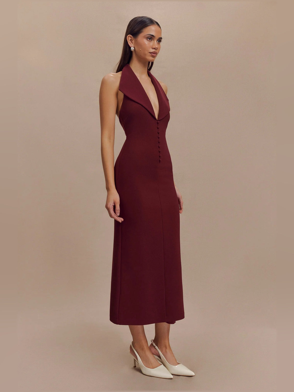 Merlot midi formal dress with halter neckline, alternate view showing the bodice