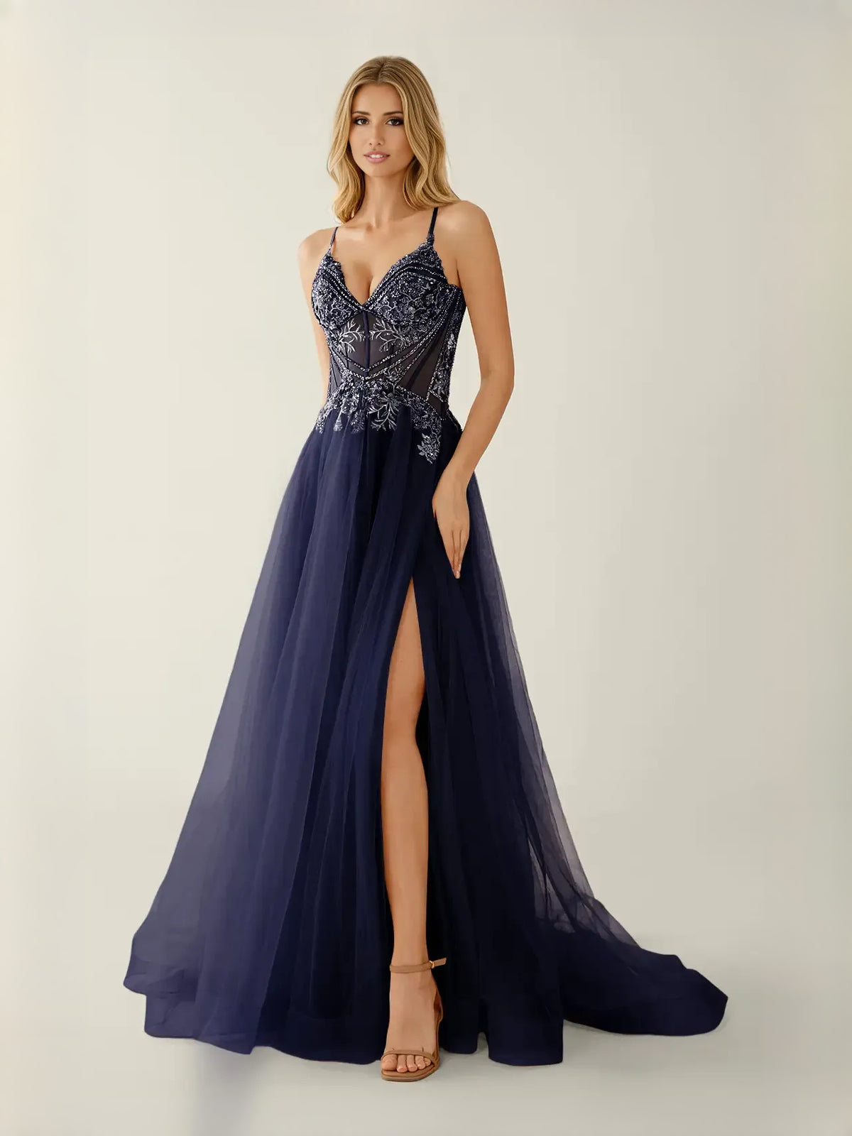 Navy Blue floor-length prom dress, back view showing the rear of the dress from another angle