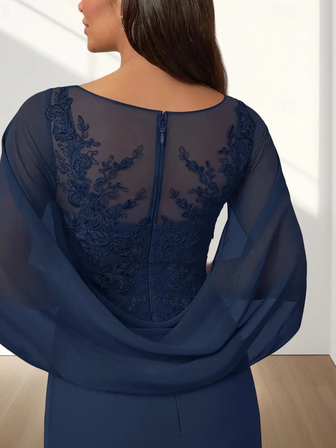 Navy Blue floor-length mother of the bride dress, alternate view showing the dress shape and hem