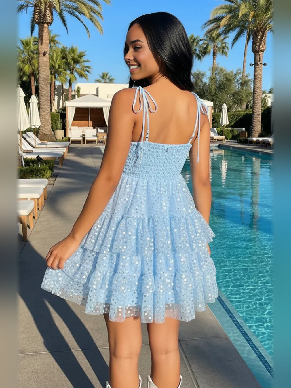Sky Blue mini homecoming dress, alternate view showing the dress shape and hem