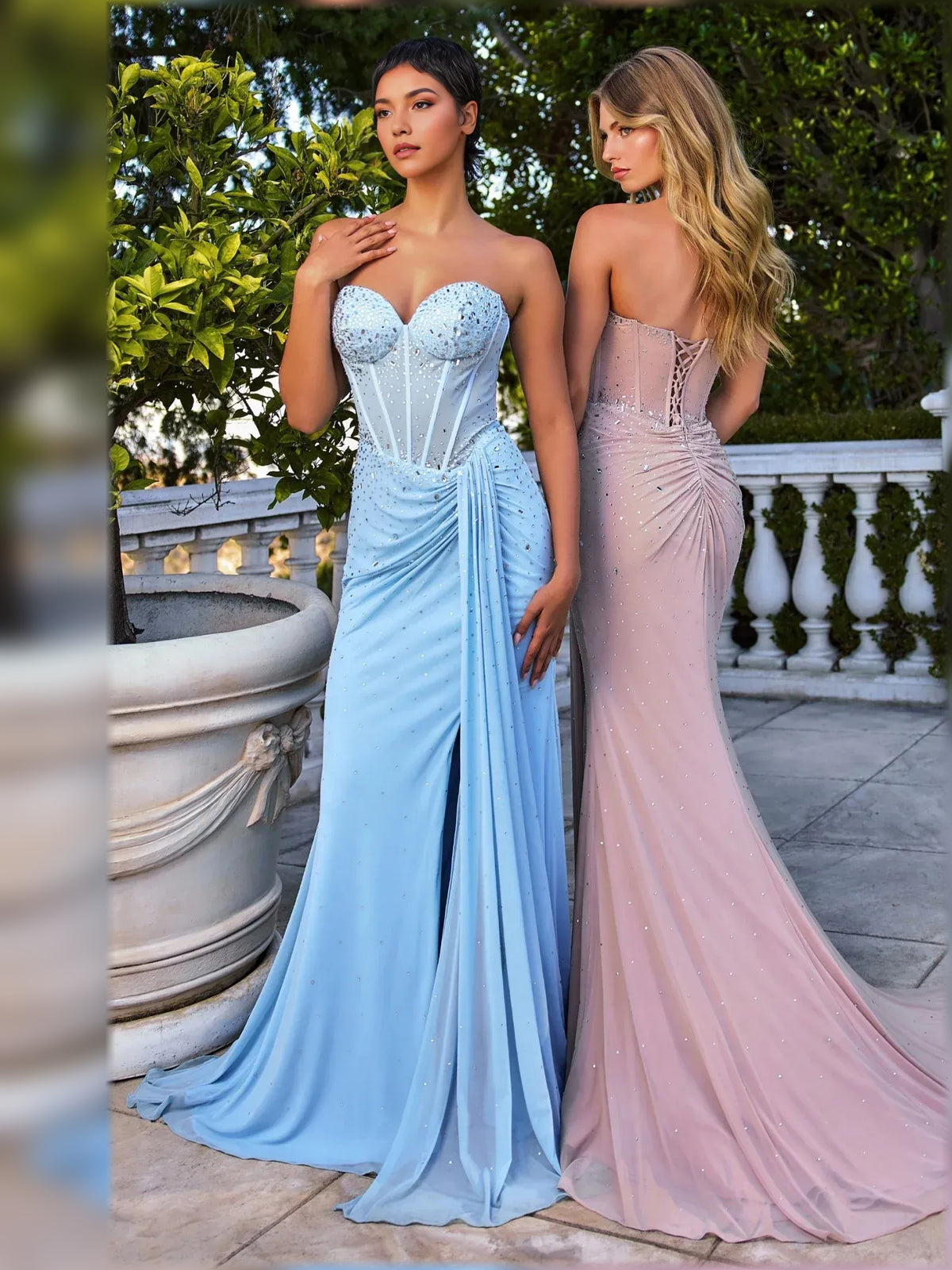 Light Blue mermaid floor-length formal dress with corset-style bodice, alternate view