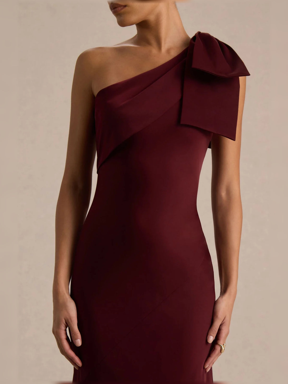 Burgundy ankle-length bridesmaid dress, alternate view showing the dress shape and hem