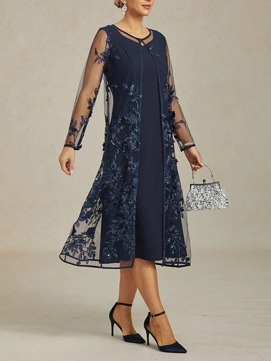 Dark Blue knee-length mother of the bride dress, alternate view showing the dress shape and hem