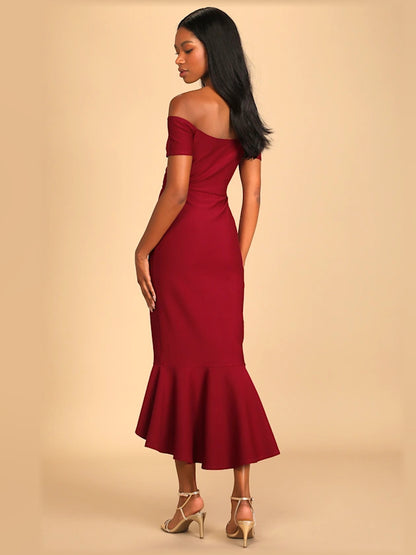 Black midi formal dress with off-the-shoulder neckline, alternate view showing the bodice