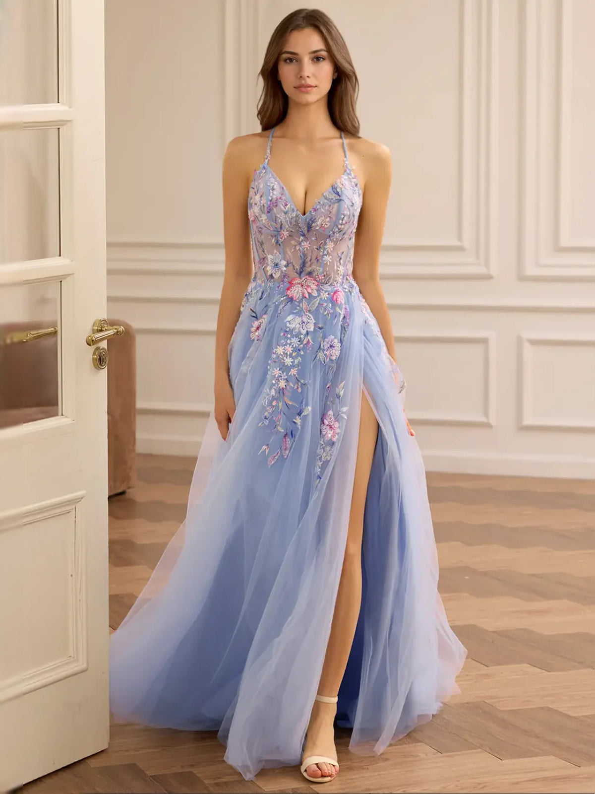 Blue floor-length prom dress, alternate view showing the dress shape and hem