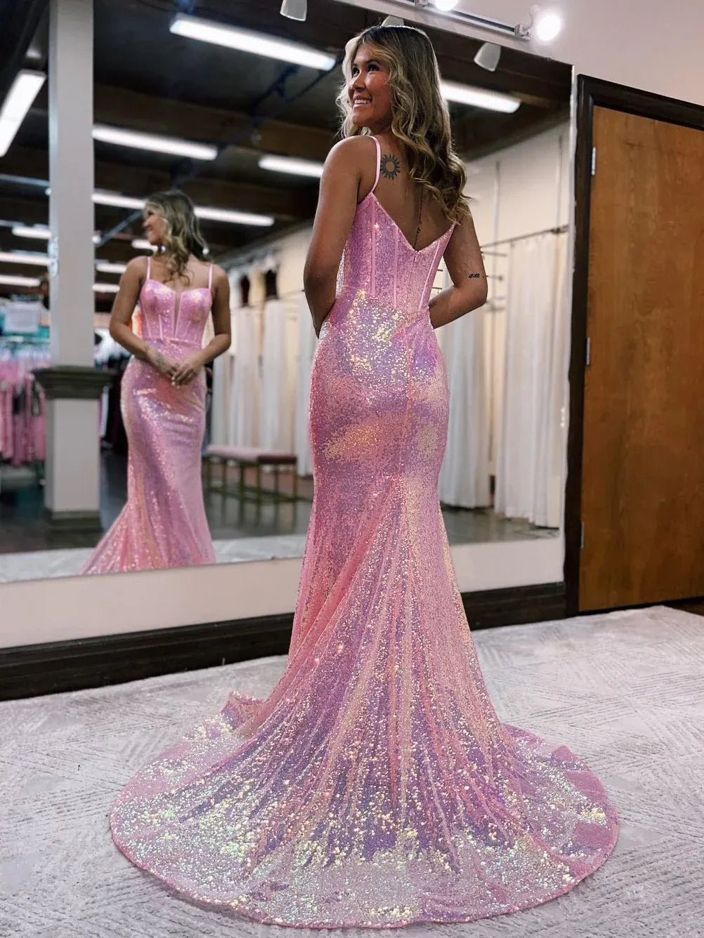 Pink mermaid floor-length formal dress with sequins, alternate view