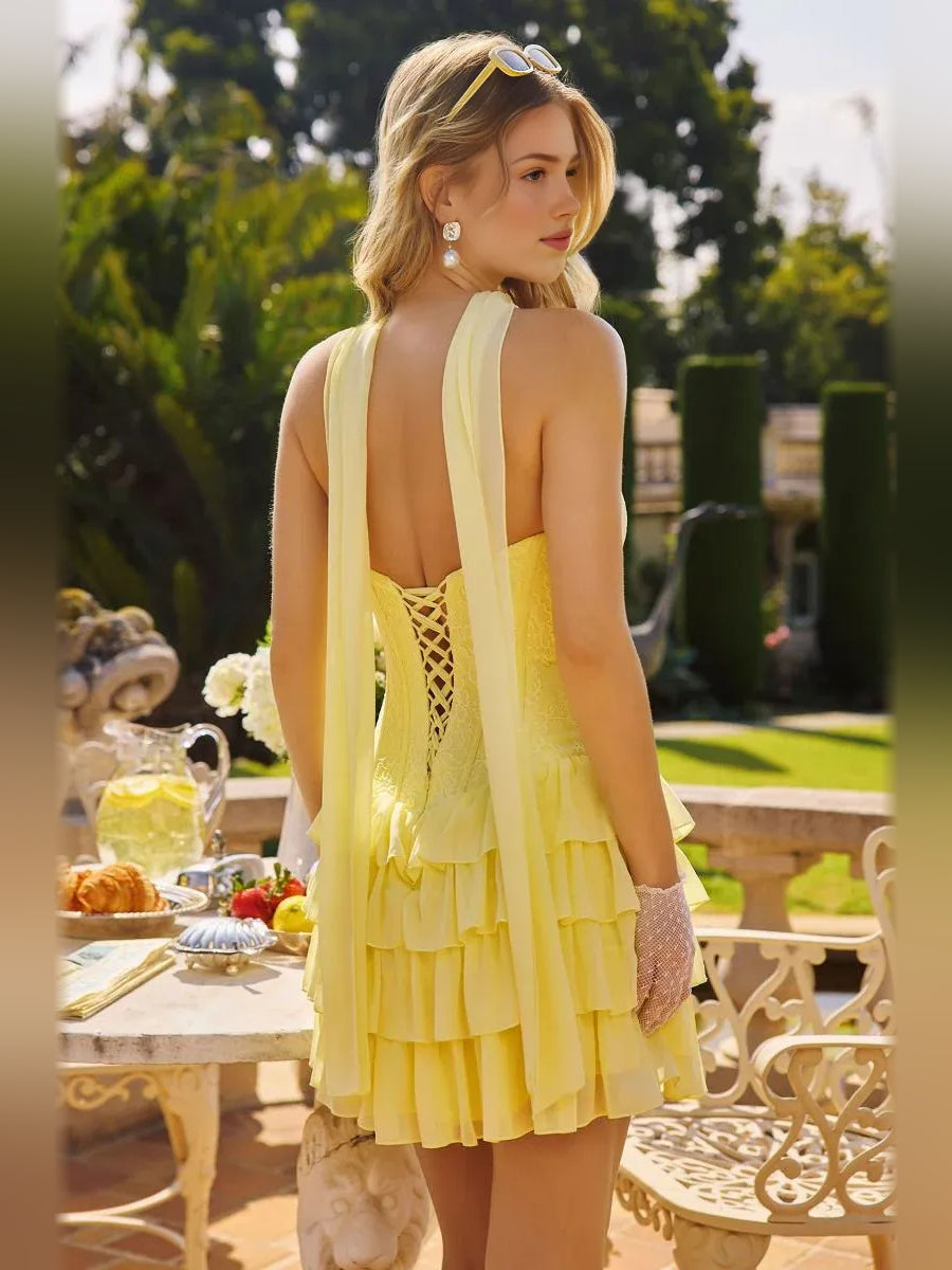 Yellow mini homecoming dress, alternate view showing the dress shape and hem