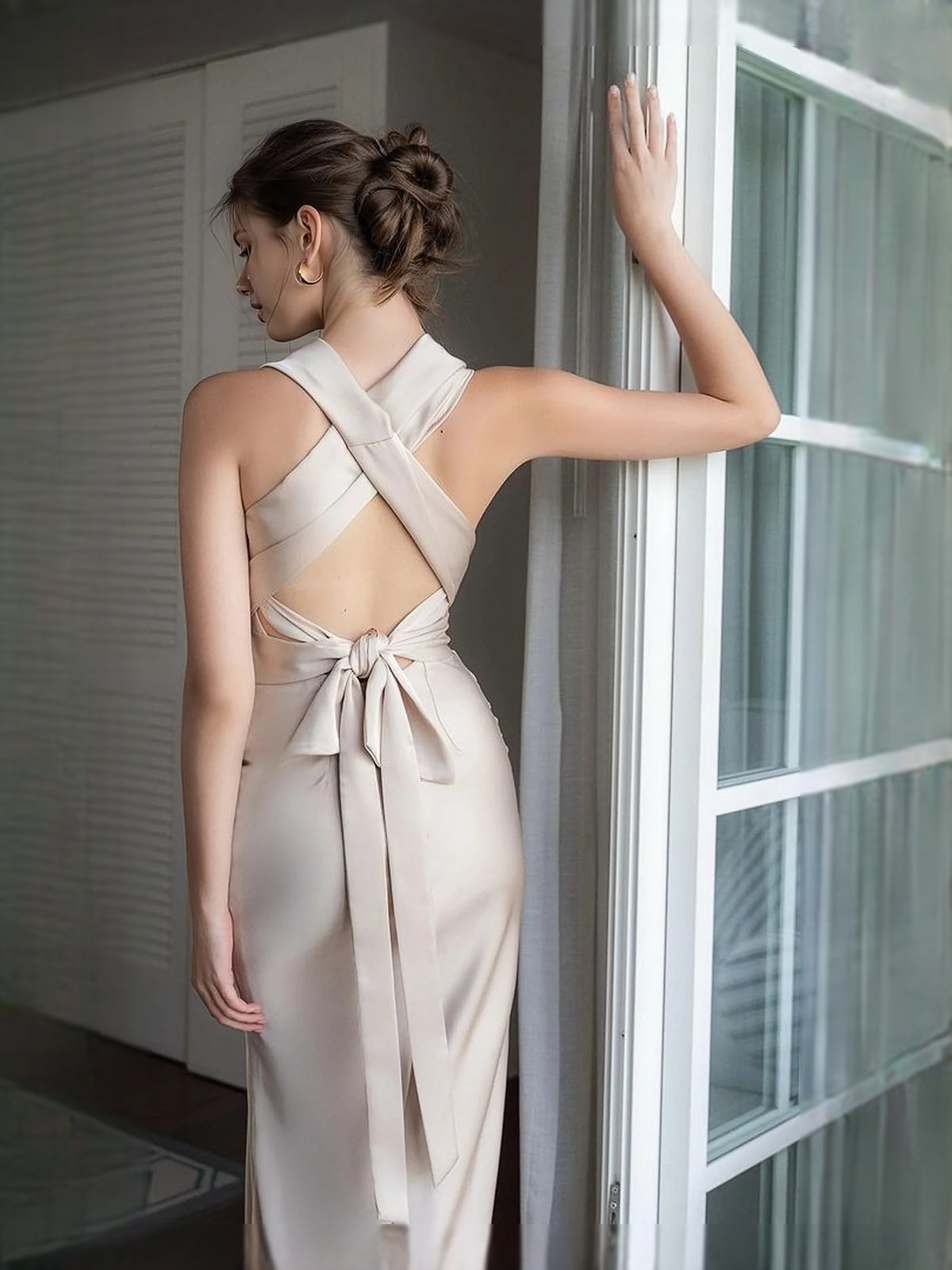 Gold maxi prom dress, alternate view showing the dress shape and hem