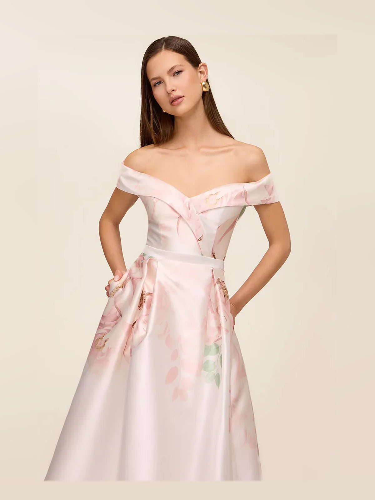 Floral maxi prom dress, alternate view showing the dress shape and hem