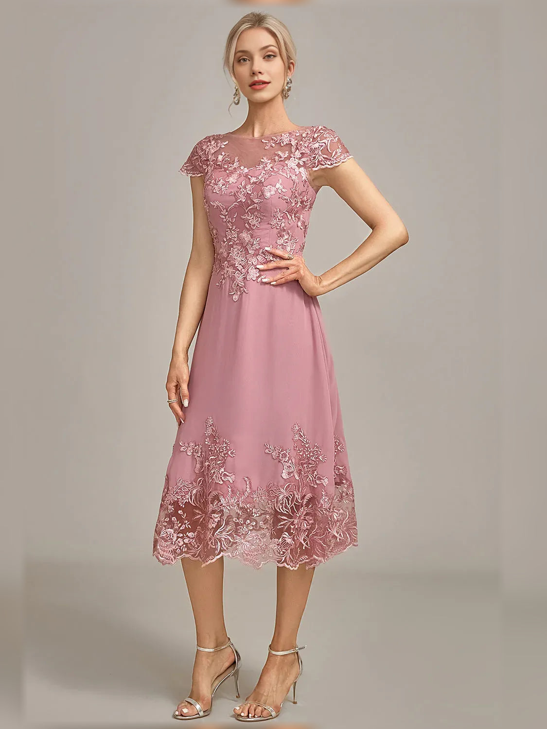 Dusty Rose knee-length mother of the bride dress, alternate view showing the dress shape and hem