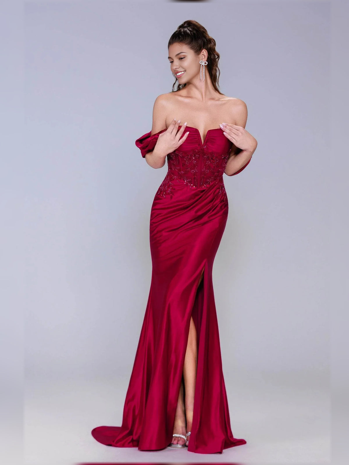 Deep Red sheath floor-length formal dress with draping, alternate view