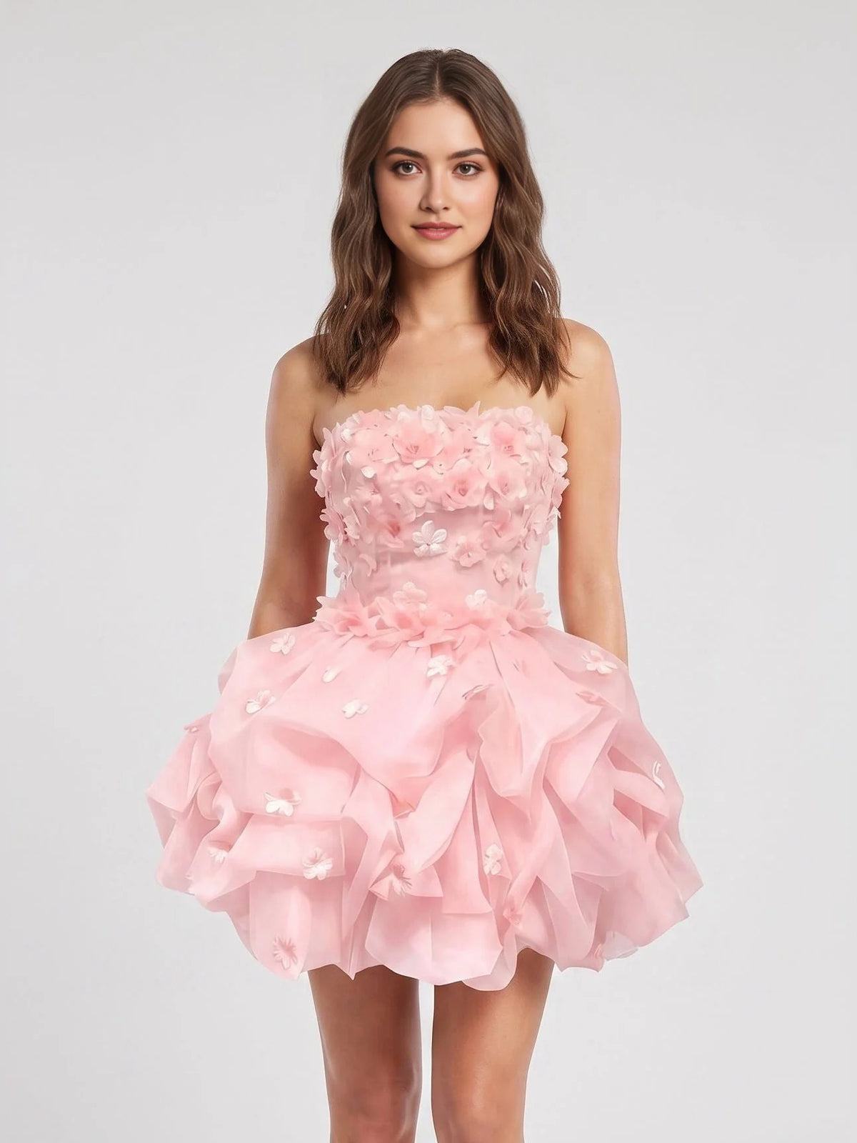 Blush Pink mini homecoming dress, alternate view showing the dress shape and hem