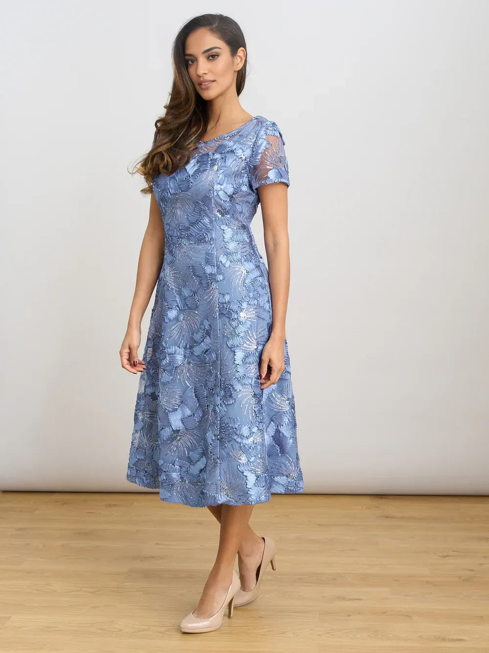 Dusty Blue midi mother of the bride dress, alternate view showing the dress shape and hem