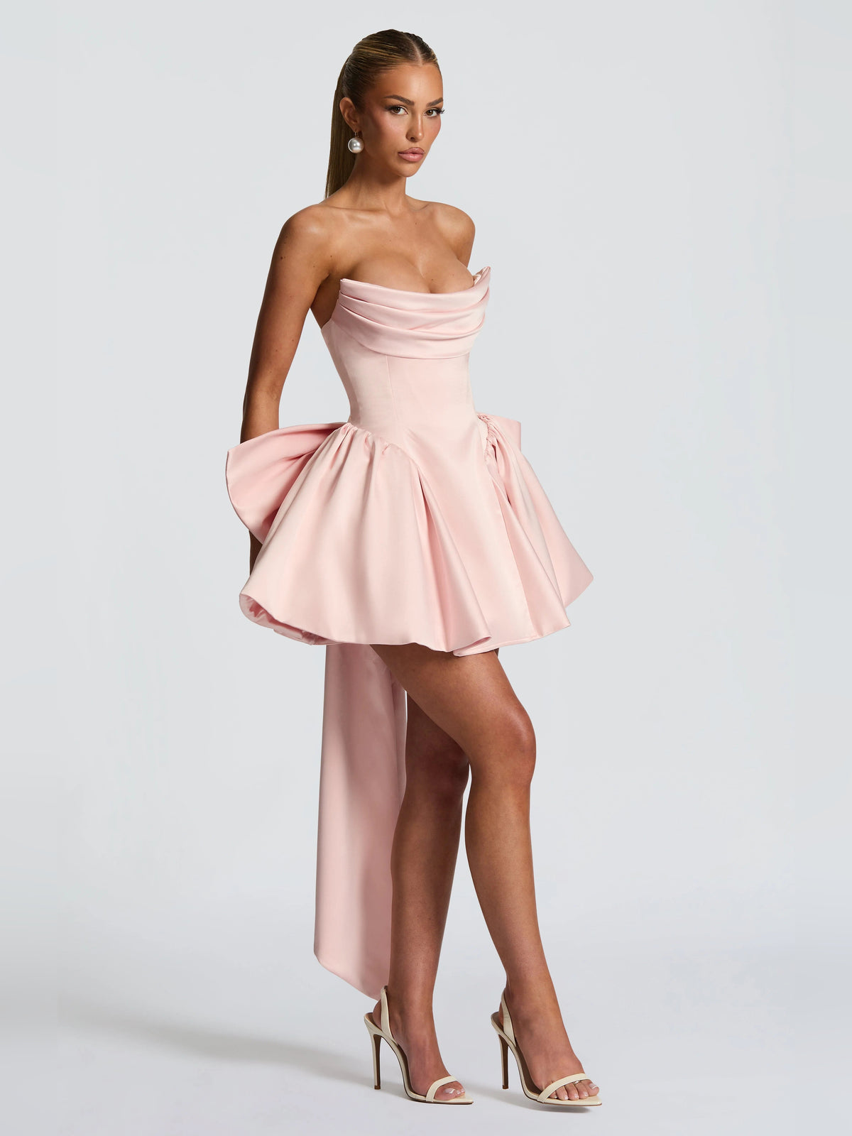 Blush mini homecoming dress, alternate view showing the dress shape and hem