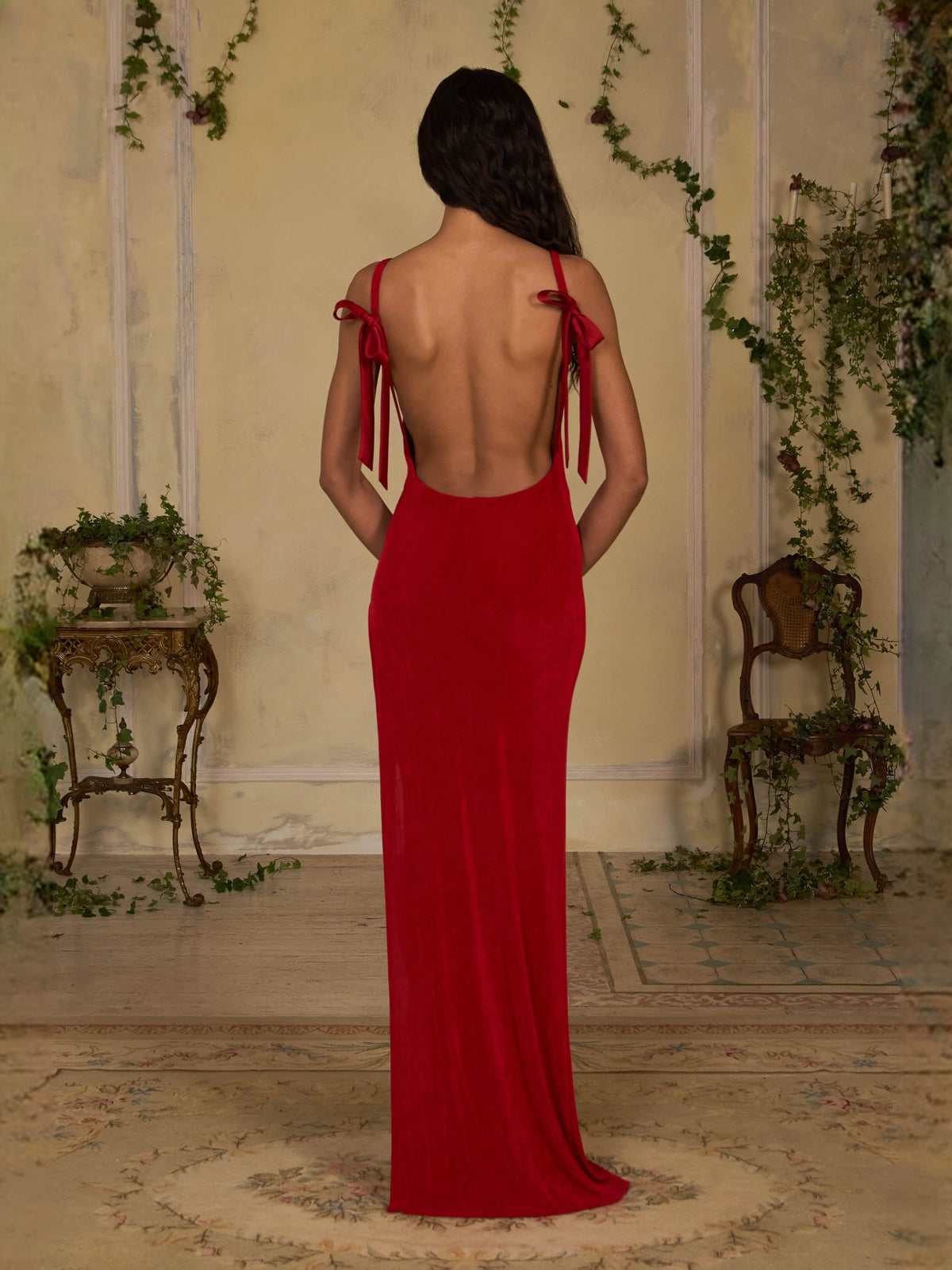 Red floor-length prom dress, alternate view showing the dress shape and hem
