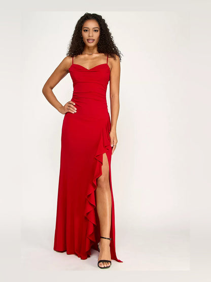 Red mermaid floor-length formal dress with skirt slit, alternate view
