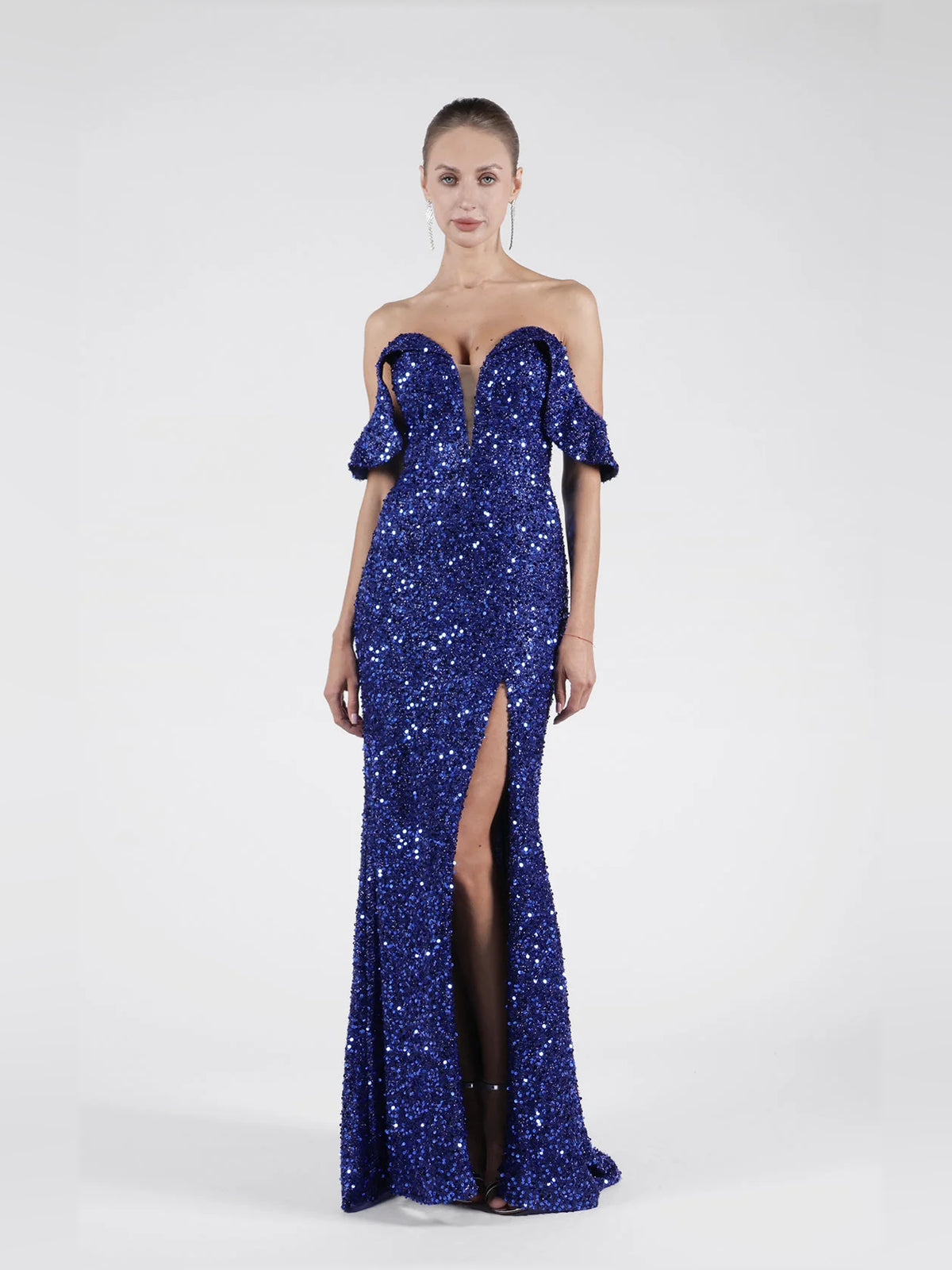 Dark Blue mermaid floor-length formal dress with skirt slit, alternate view