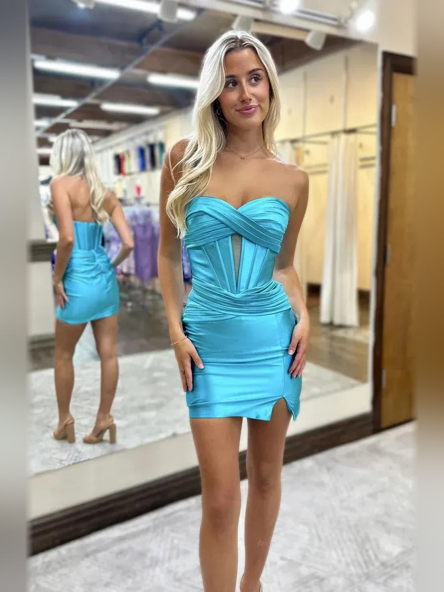 Blue mini homecoming dress, alternate view showing the dress shape and hem