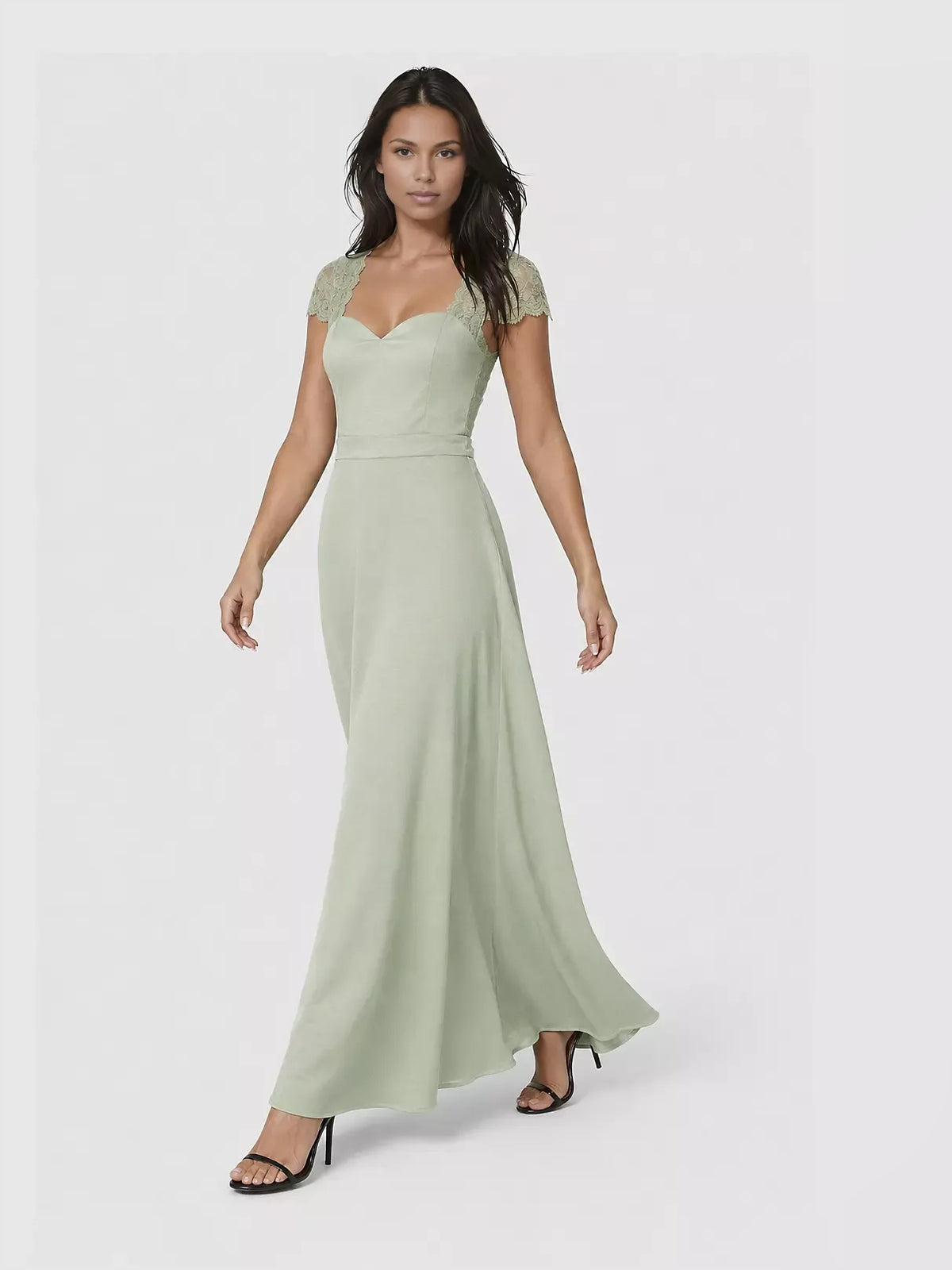 Celadon floor-length bridesmaid dress, alternate view showing the dress shape and hem