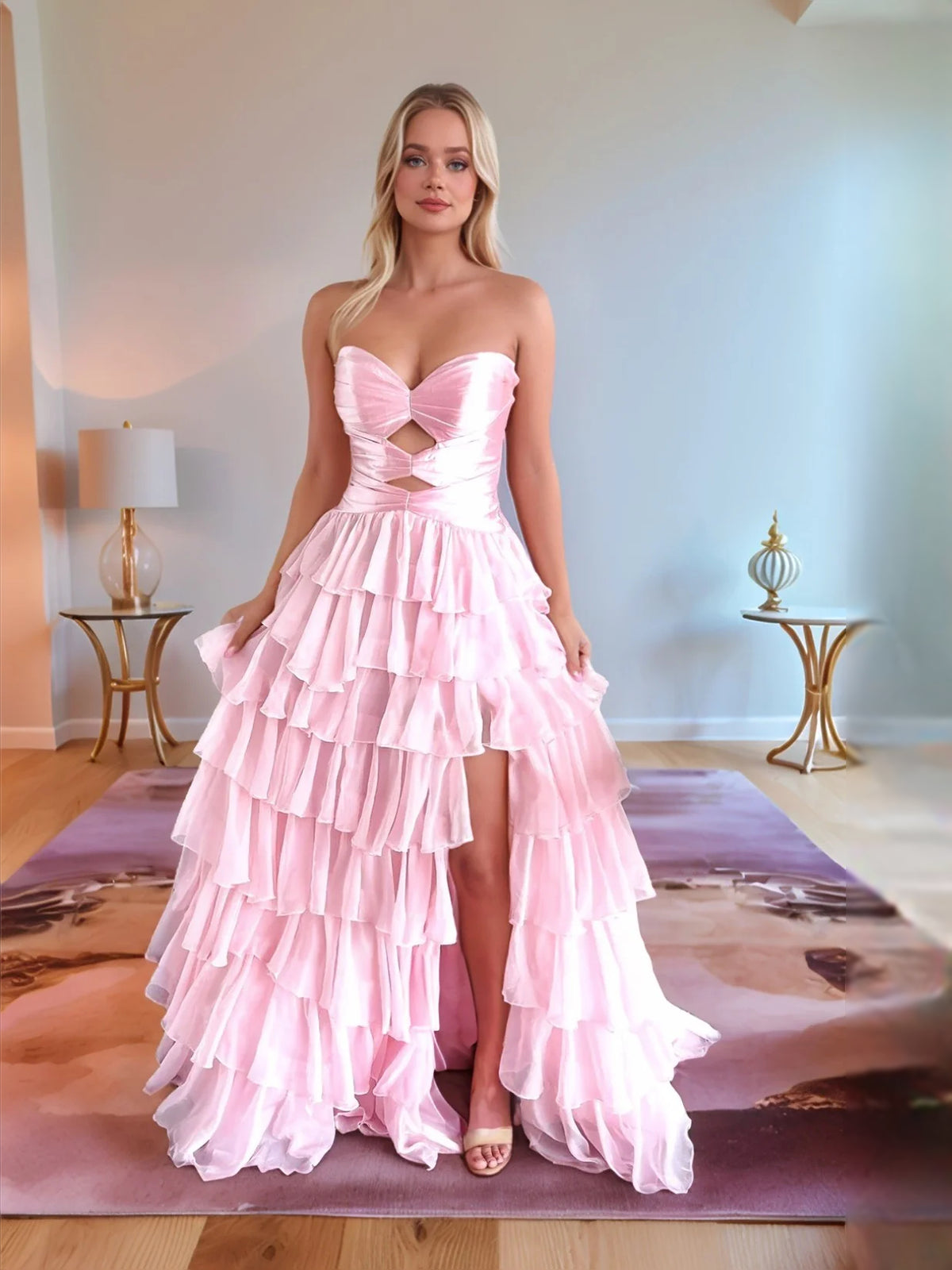 Pink floor-length prom dress, alternate view showing the dress shape and hem