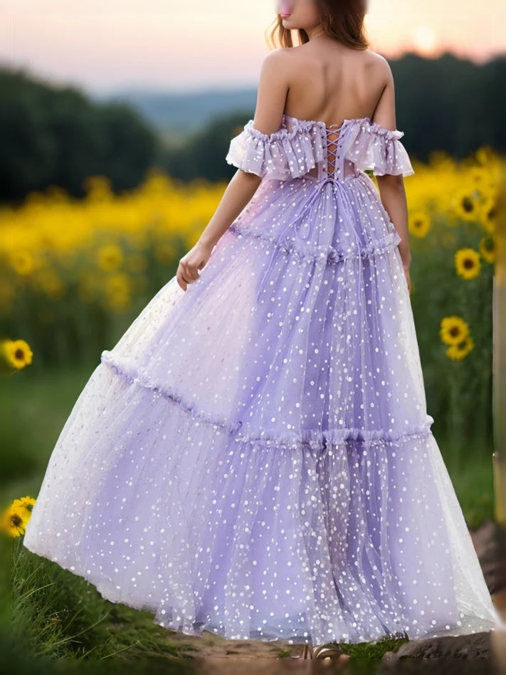 Lavender floor-length prom dress, alternate view showing the dress shape and hem