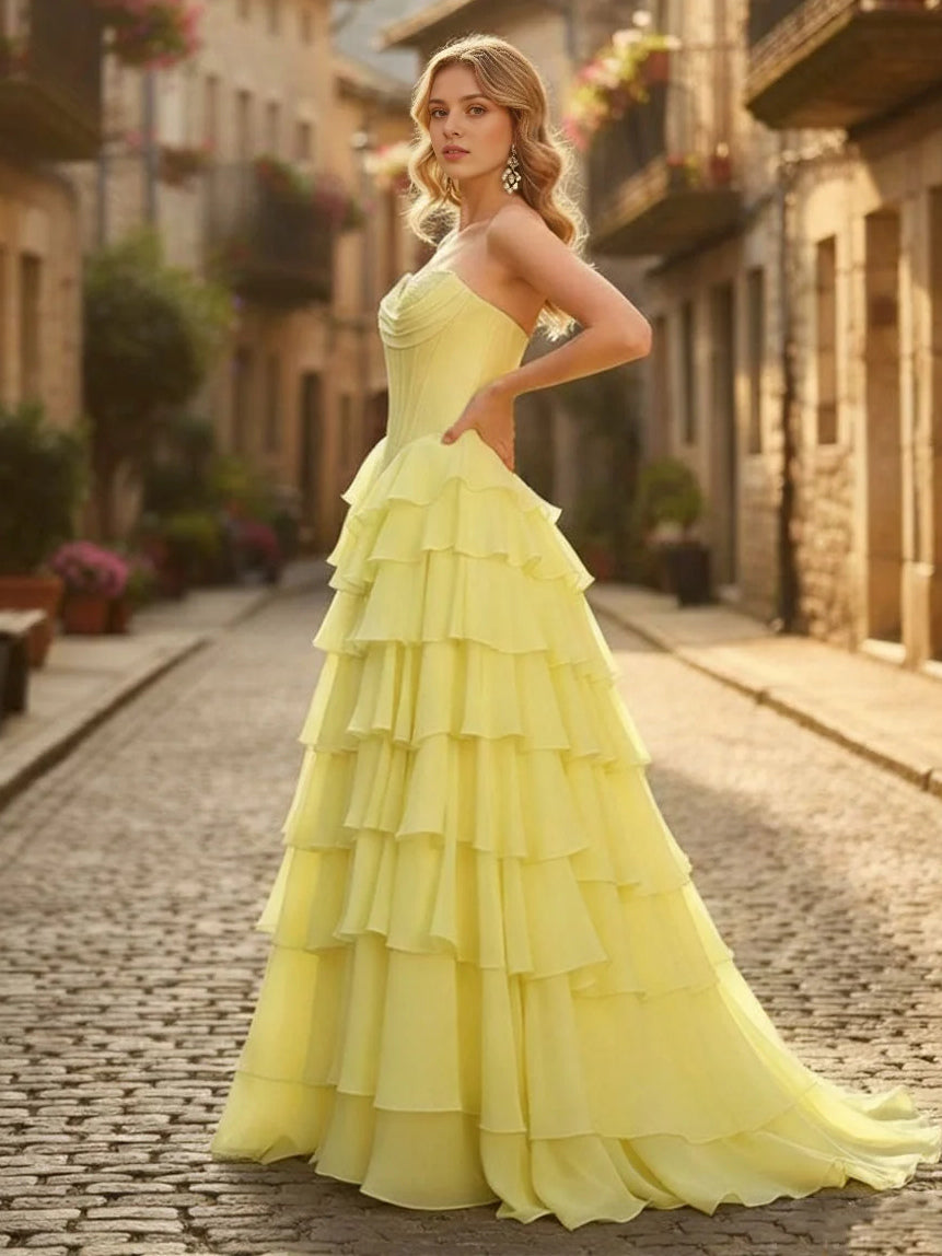 Canary floor-length prom dress, alternate view showing the dress shape and hem