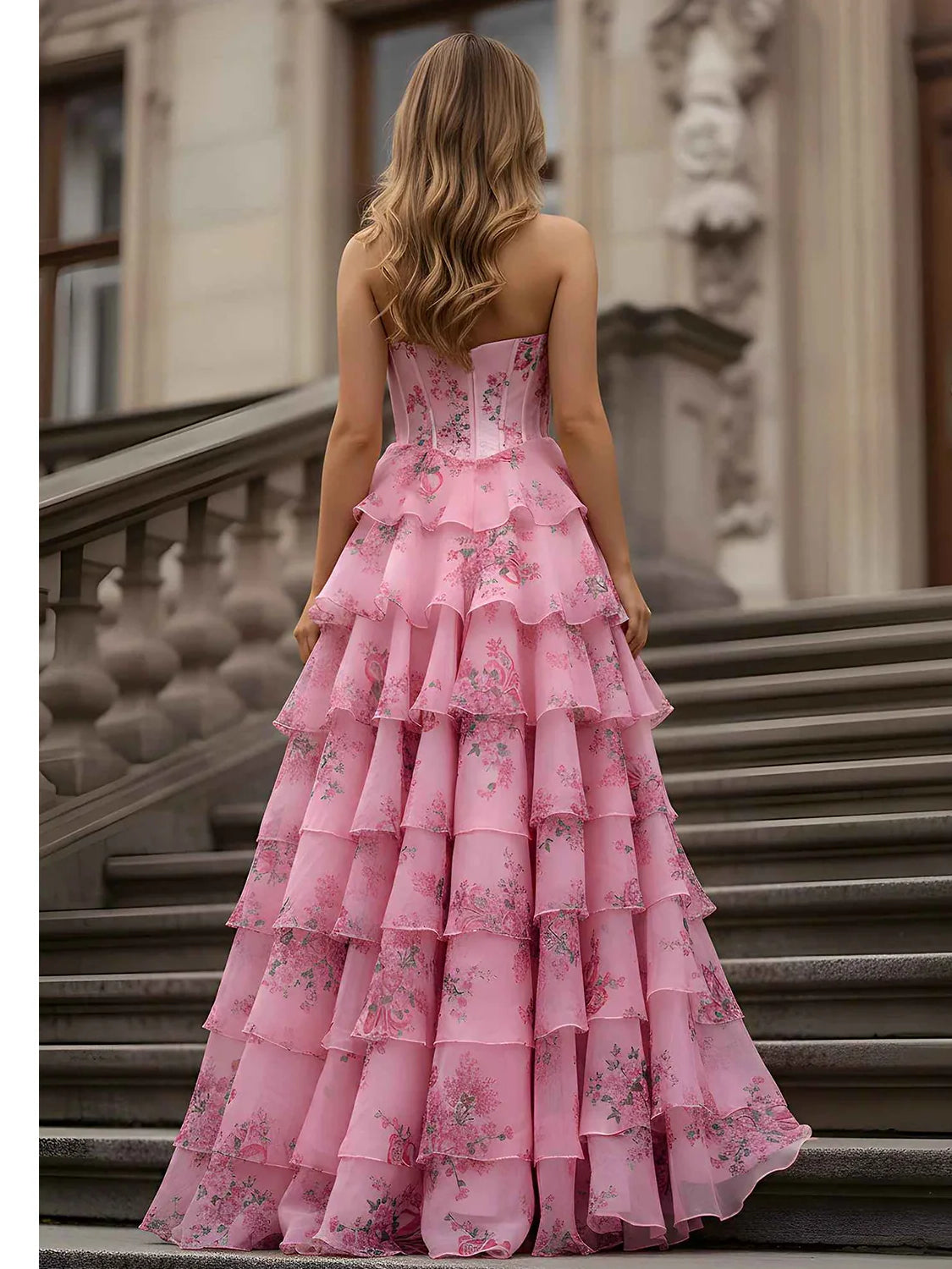 Pink floor-length prom dress, alternate view showing the dress shape and hem