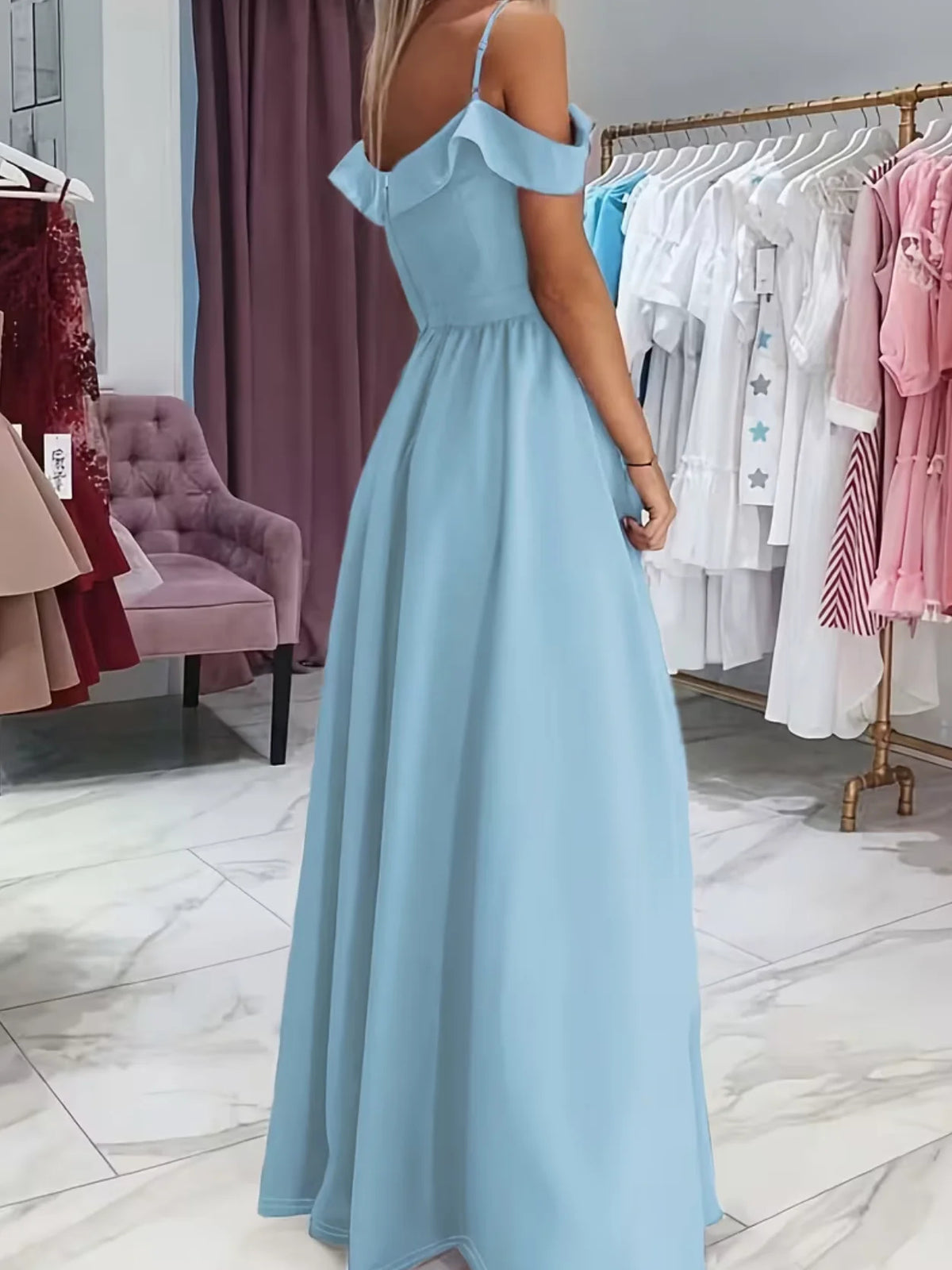 Light Blue floor-length bridesmaid dress, alternate view showing the dress shape and hem