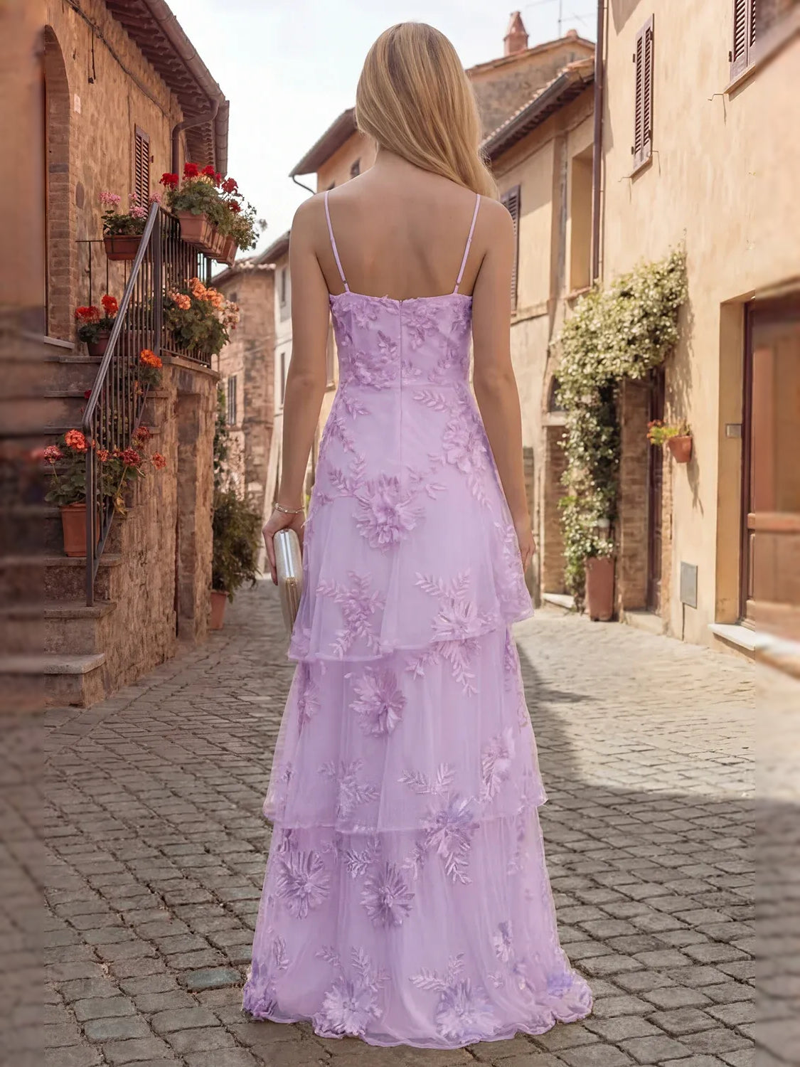 Lilac floor-length prom dress, back view showing the rear of the dress
