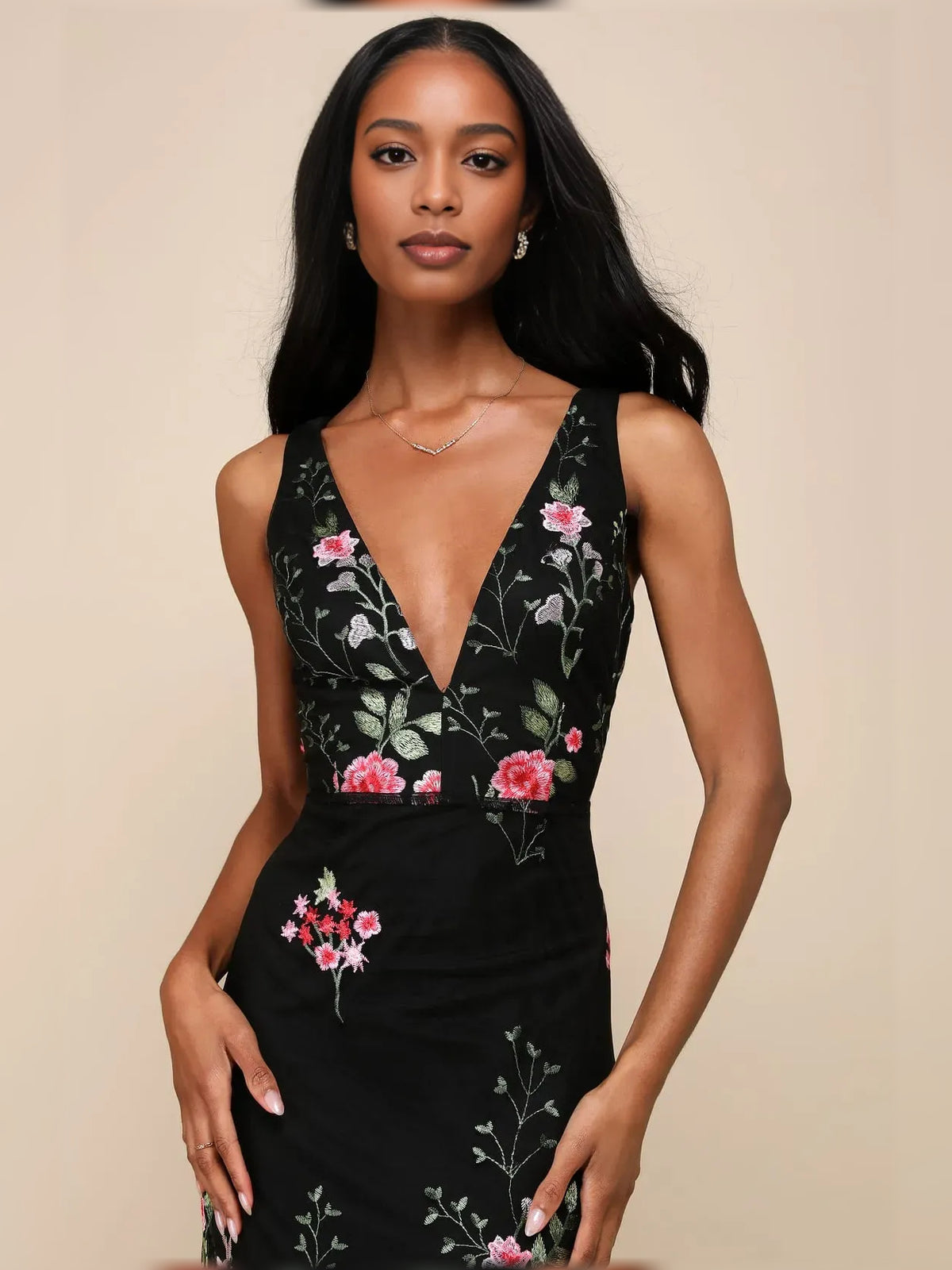 Black sheath floor-length formal dress with floral print, alternate view