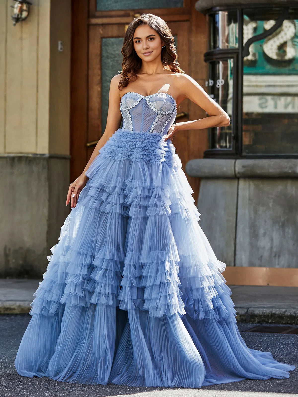 Blue floor-length prom dress, alternate view showing the dress shape and hem