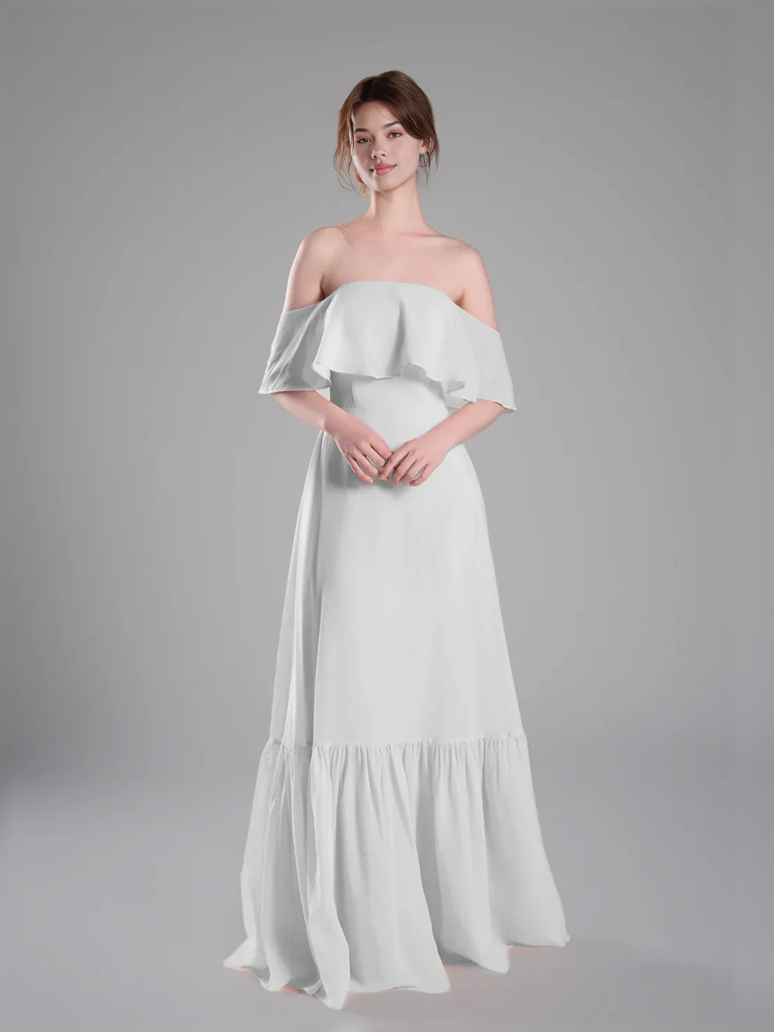 Ivory floor-length bridesmaid dress, alternate view showing the dress shape and hem