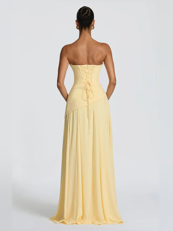 Yellow a-line floor-length formal dress with corset-style bodice, alternate view showing the bodice