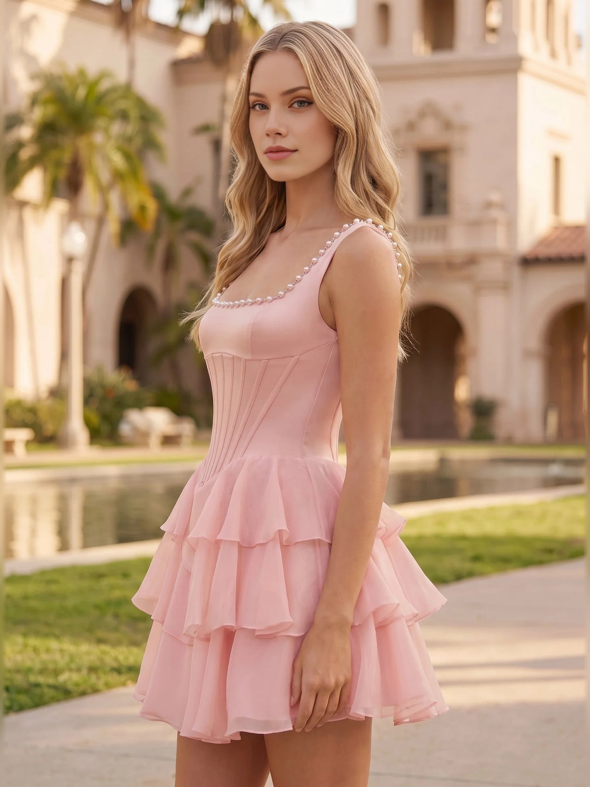 Blush Pink mini homecoming dress, alternate view showing the dress shape and hem