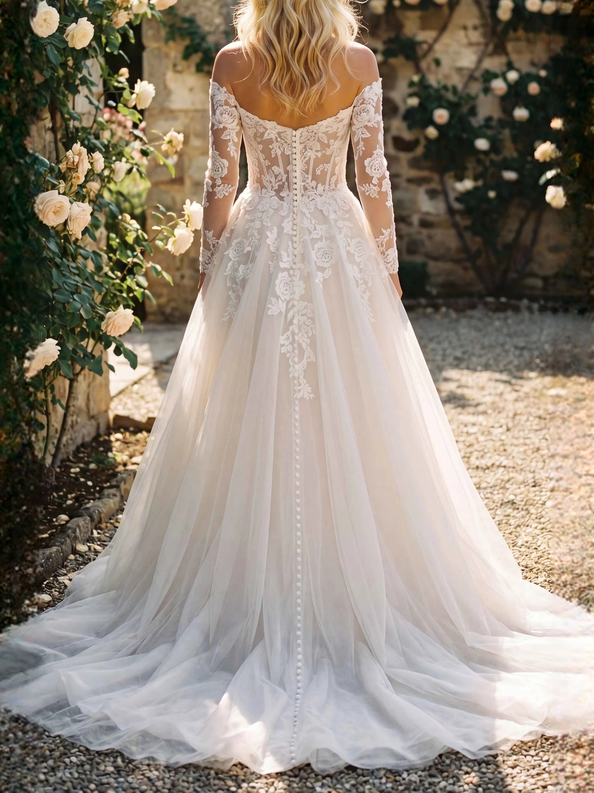 Ivory floor-length wedding dress, alternate view showing the dress shape and hem