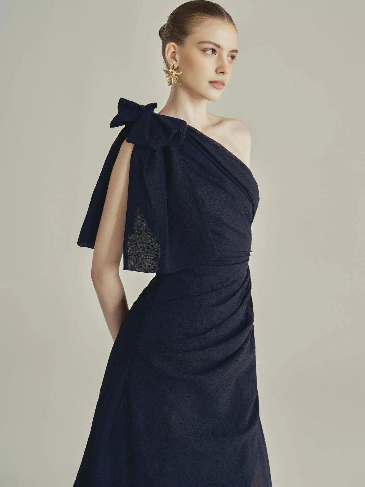 Dark Blue midi prom dress, alternate view showing the dress shape and hem
