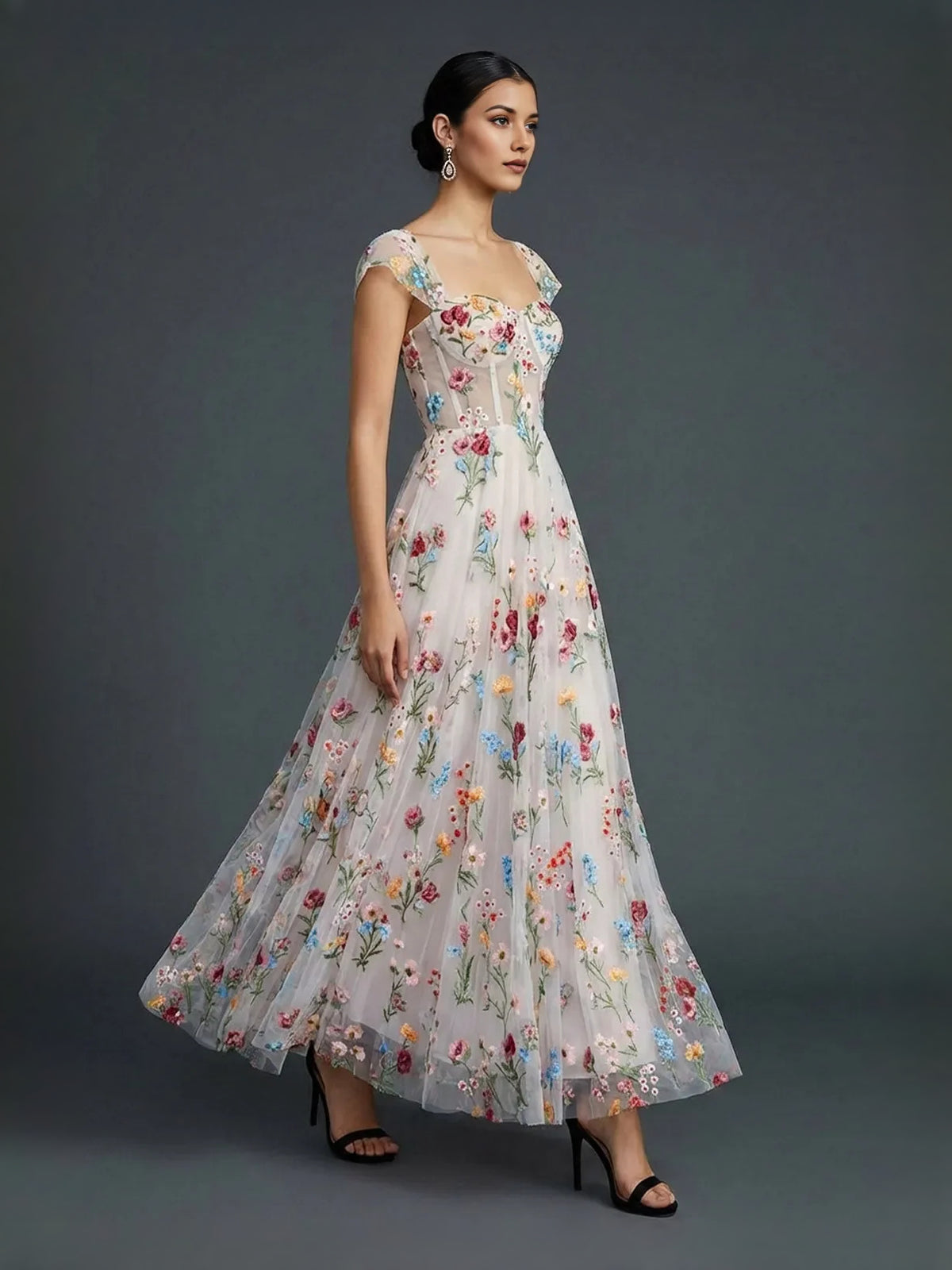 Floral tea-length prom dress, alternate view showing the dress shape and hem